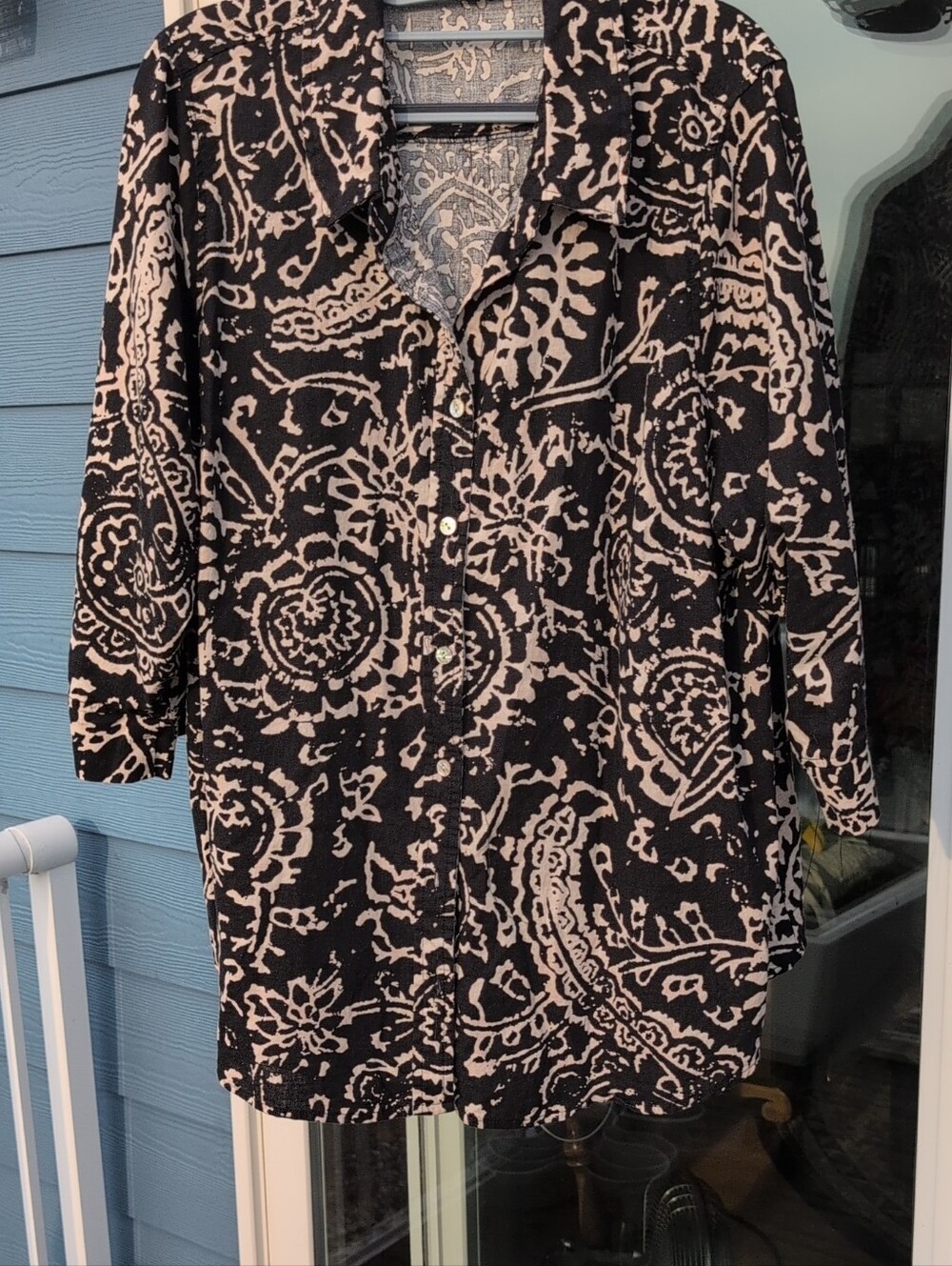 JNY Jones New York Black and Cream Linen Button-Front Women's Shirt